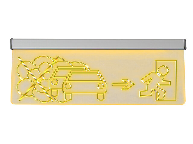 LS-CO-PIC-230-V2 Gelbes LED-Leuchttransparent mit Piktogrammen: Motor abstellen und Raum verlassen