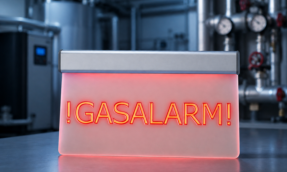 Rote Warnleuchtscheibe mit der Aufschrift „Gasalarm!“ in einem Heizungsraum