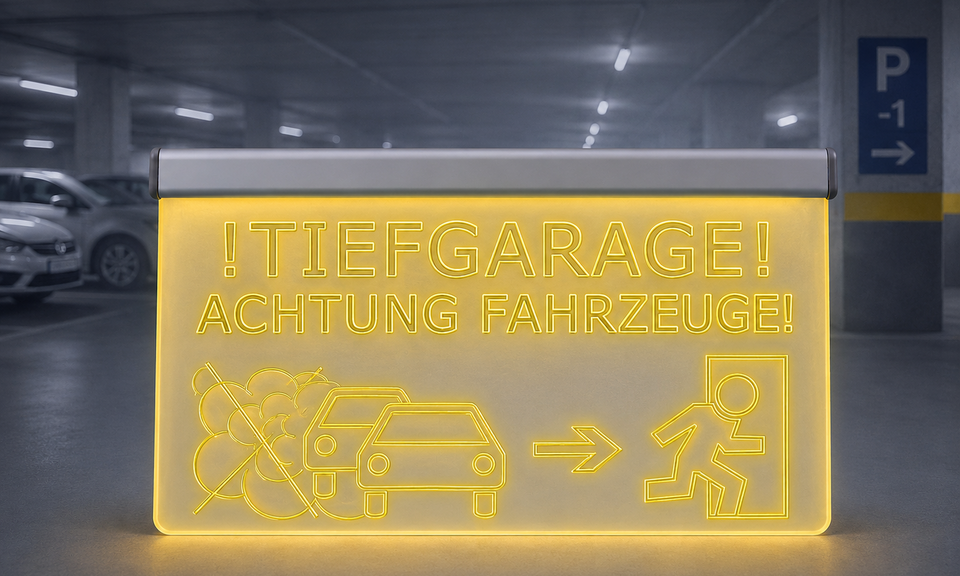 Gelbe Leuchtscheibe in einer Tiefgarage mit der Aufschrift „Tiefgarage! Achtung Fahrzeuge!“ und Fluchtpiktogramm