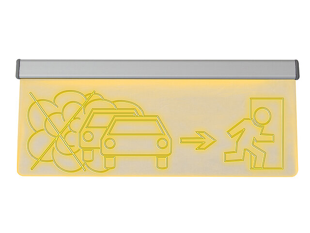 LS-CO-PIC-230 Gelbes LED-Leuchttransparent mit Piktogrammen: Motor abstellen und Raum verlassen