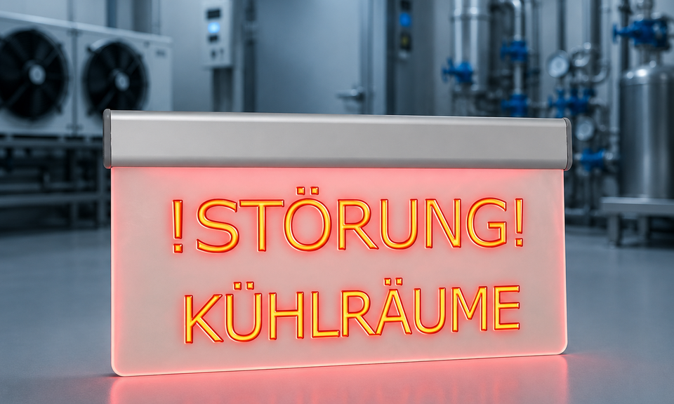 Rote Warnleuchtscheibe mit der Aufschrift „Störung! Kühlräume“ vor einer Kälteanlage