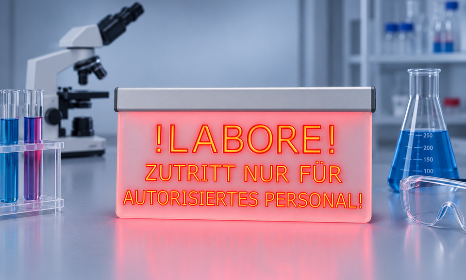 Leuchtscheibe im Labor mit der Aufschrift „Labore! Zutritt nur für autorisiertes Personal!“