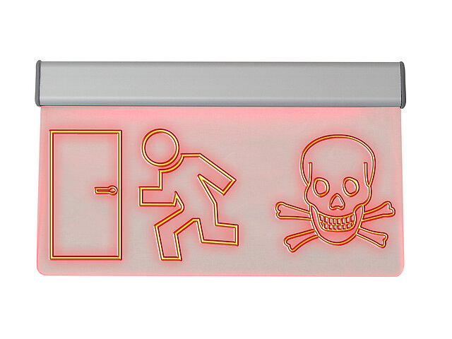 Rotes LED-Leuchttransparent mit Piktogrammen: Raum verlassen wegen Vergiftungsgefahr