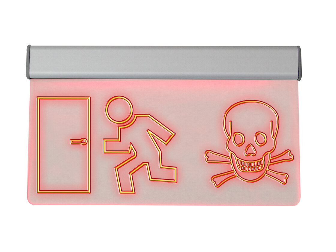 Rotes LED-Leuchttransparent mit Piktogrammen: Raum verlassen wegen Vergiftungsgefahr