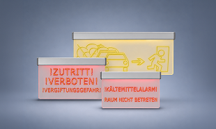 Rote und gelbe Leuchttransparente mit Warntexten und Piktogramm zur Gaswarnung