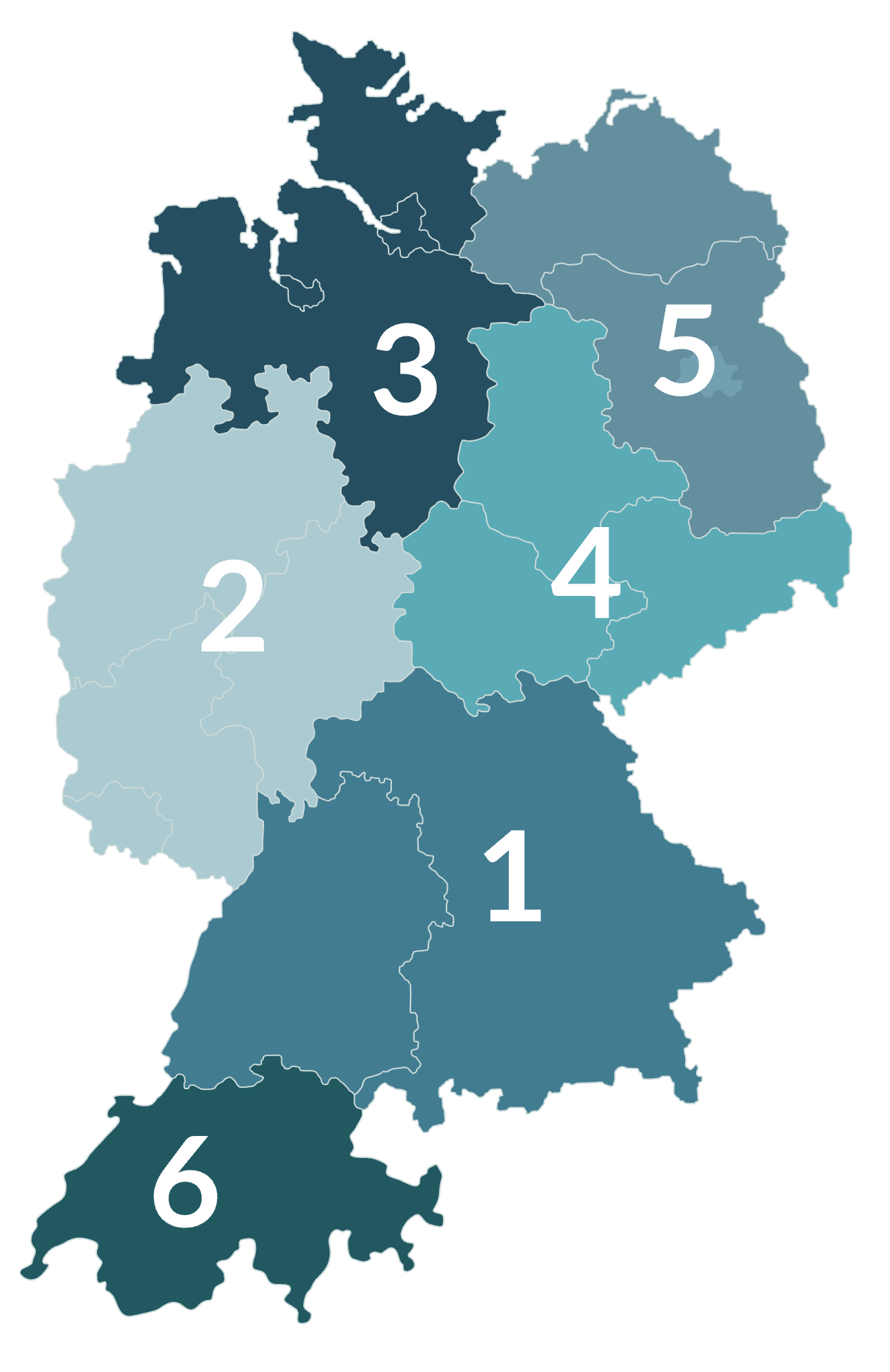 Karte der sechs Vertriebsbereiche in Deutschland und der Schweiz. Die zugehörigen Ansprechpartner stehen in der Partnerliste.